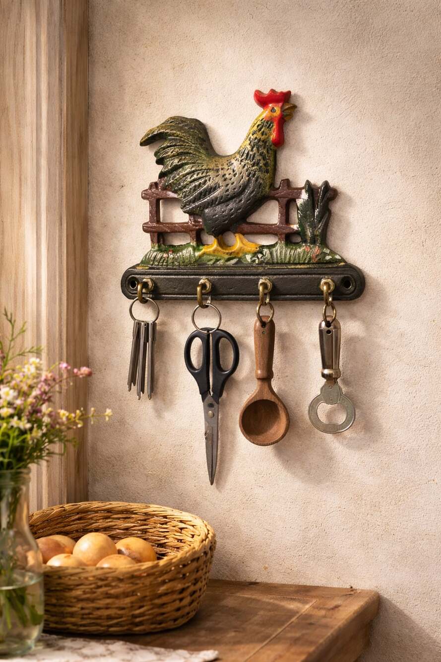 Vintage Cast Iron Farmhouse Rooster Decorative Wall-Mounted 4-Hook Key Holder